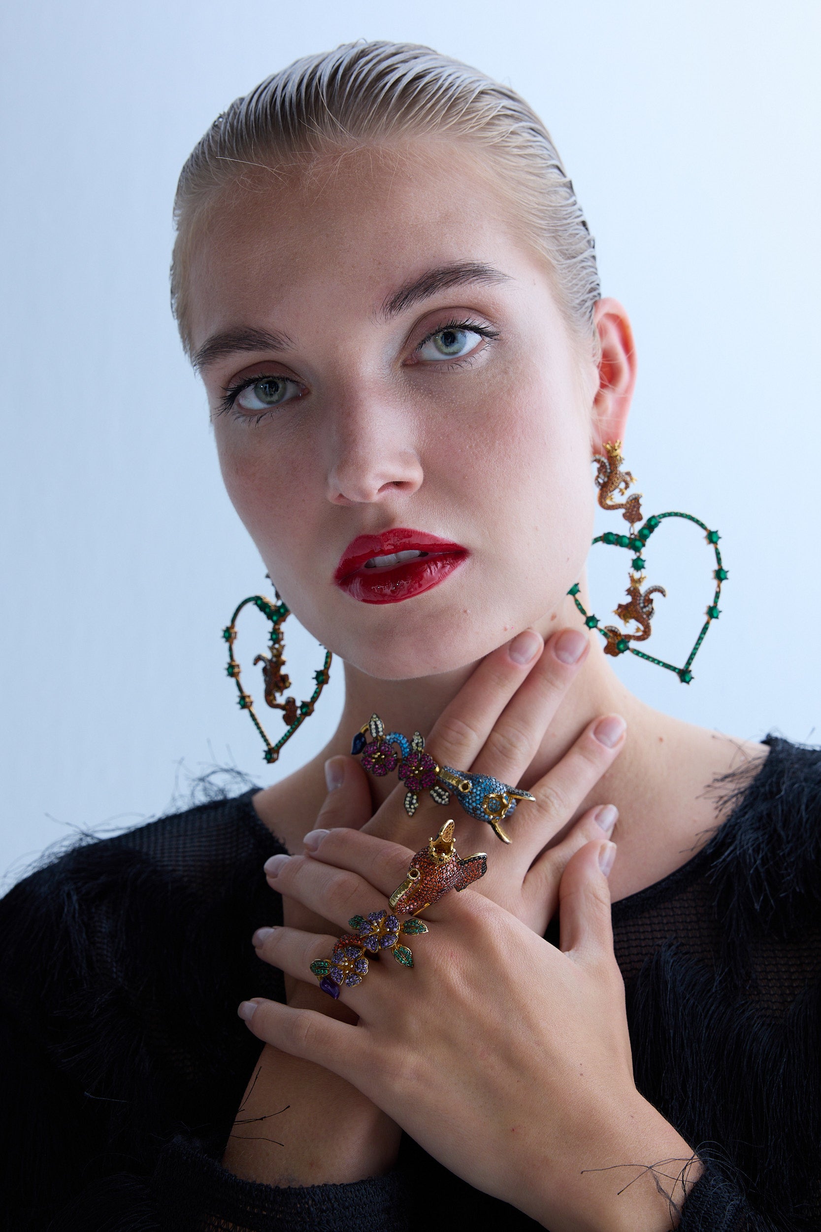 Secret of Heart Green Big Heart Garnet Dragon Earrings