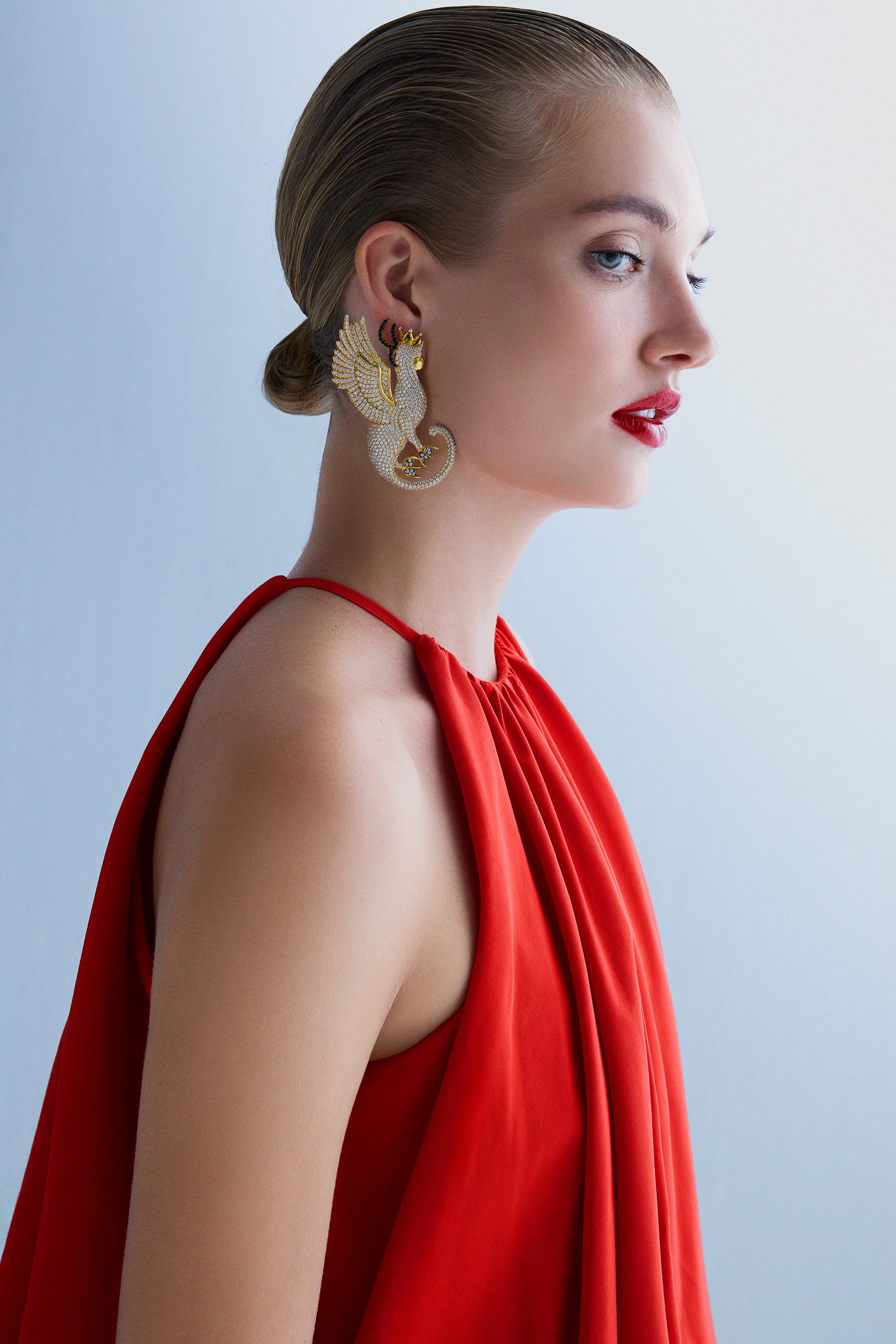 Mystery of Art White Crystal Mythological Sphinx Earrings